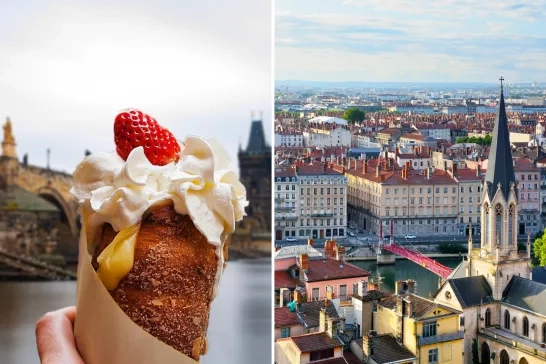 Aerial view of Lyon, France and Trdelnik in Prague