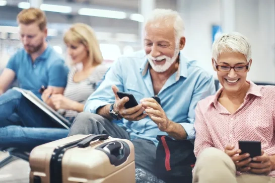 Senior couple using phone and killing time while waiting for flight to come.