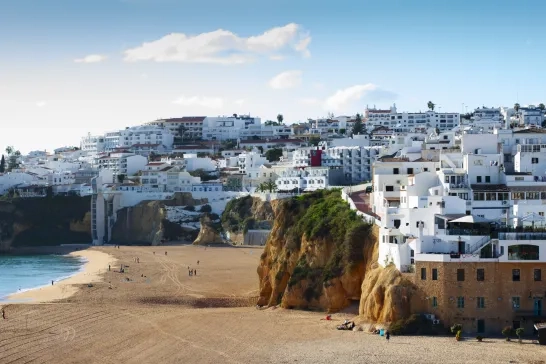 Coastal homes along the shore in Albufeira, Portugal