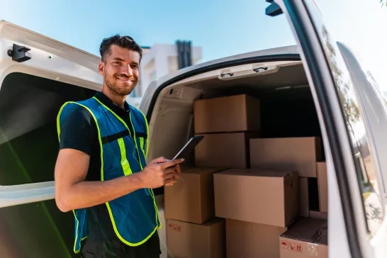 delivery man checking packages at van