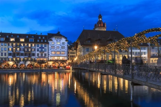 Christmas lights on a bridge in Lucerne, Switzerland