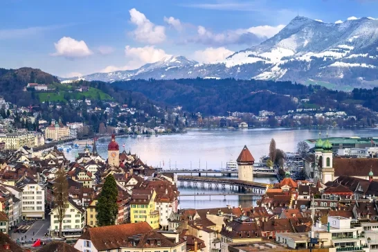 Lucerne, Switzerland, aerial view of the old town, lake Lucerne and Rigi mountain