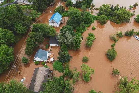 Aerial view of flooded homes