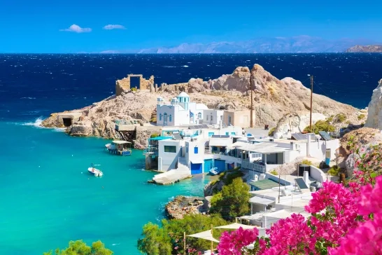 Beach and fishing village of Firapotamos on Milos island, Greece