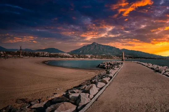 Marbella, Spain coastline at sunset