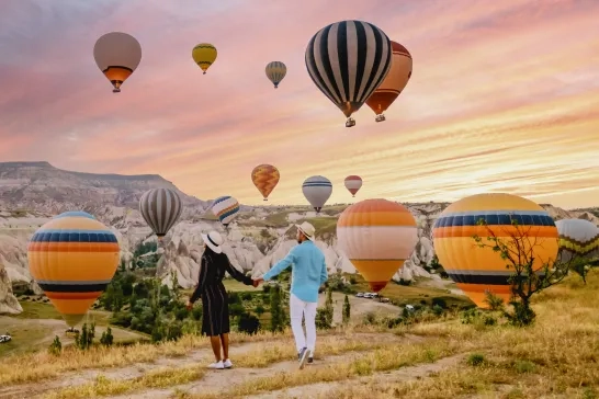 Hot air balloons over Cappadocia, Turkey at sunrise