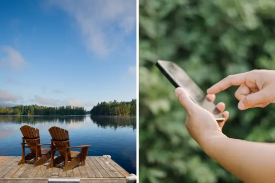 cottage chairs on dock, person holding phone