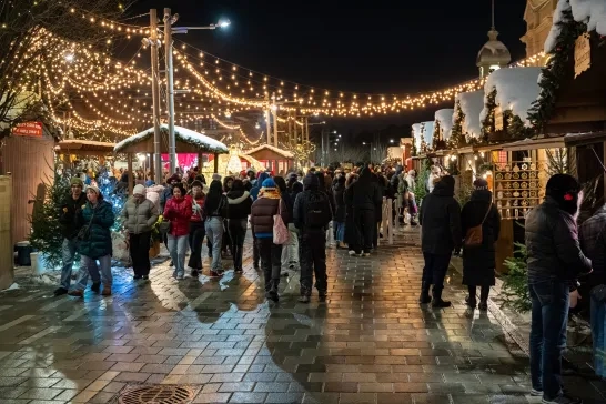 View of Ottawa Christmas Market with festive lights at night