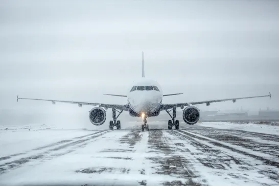 Airplane on runway covered with snow