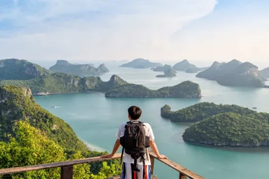 Man tourist on peak island