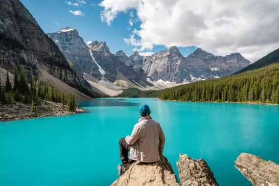 Hiker at Moraine Lake in Banff National Park, Alberta, Canada