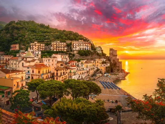 Colourful sunset over Amalfi Coast, Italy