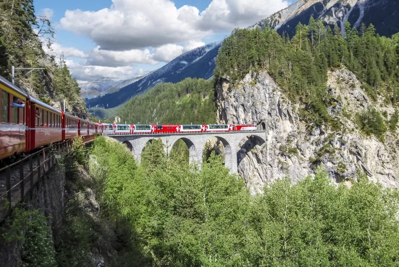 Glacier Express train near Saint Moritz, Switzerland