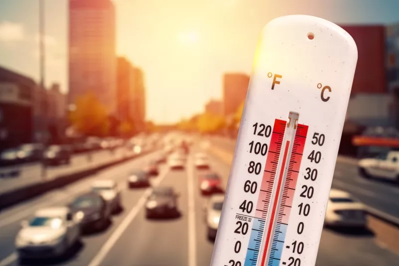 Thermometer in front of cars and traffic during heatwave