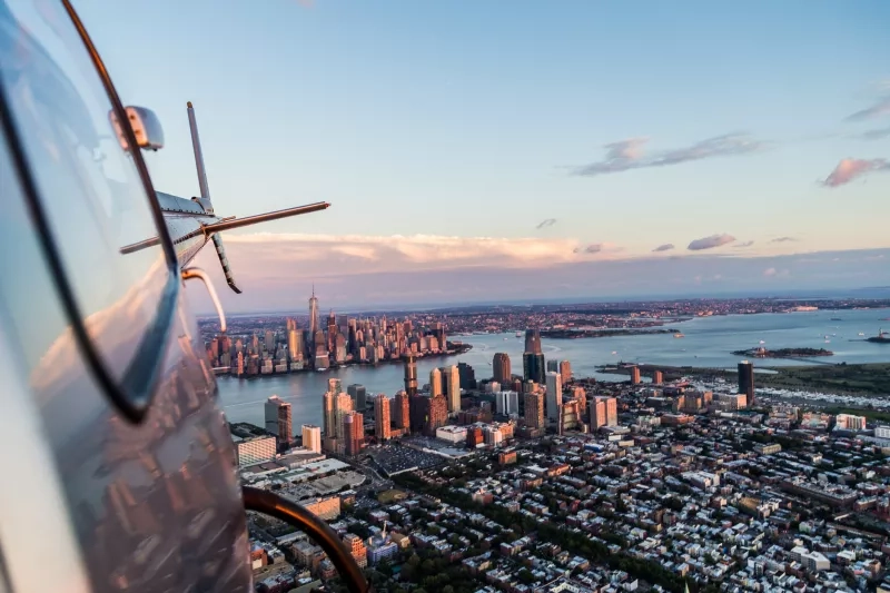 Flying away from Manhattan over to landing site, looking back is the magnificent skyline of Manhattan, New York