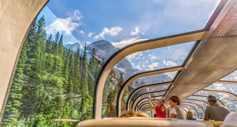 Rocky Mountaineer with view of Rocky Mountains