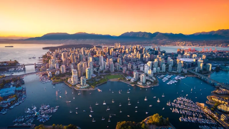 Beautiful aerial view of downtown Vancouver skyline, British Columbia