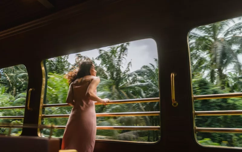 woman looking out window on a train