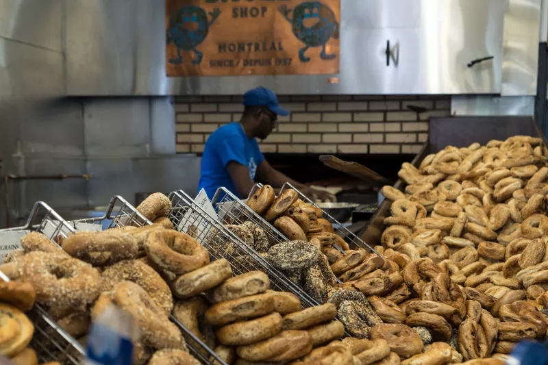 Varieties of bagels are in display inside the St-Viateur Bagel Shop in the Mile End, Montreal.