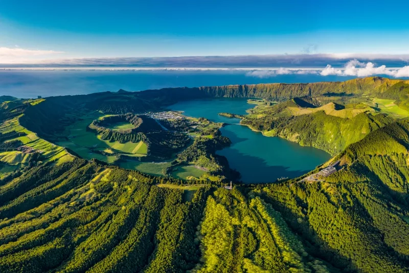 Aerial landscape shot of Sao Miguel, Azores, Portugal