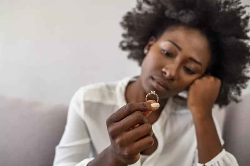 Woman looking at wedding ring