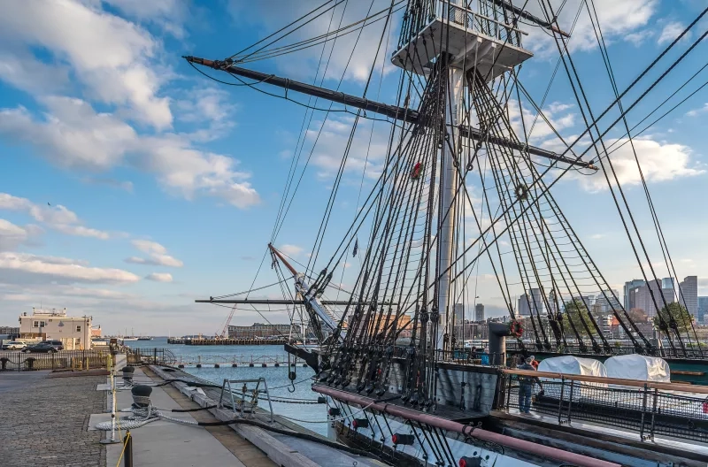 View of USS Constitution, a heavy frigate of the United States Navy moored close to The Freedom Trail in Boston