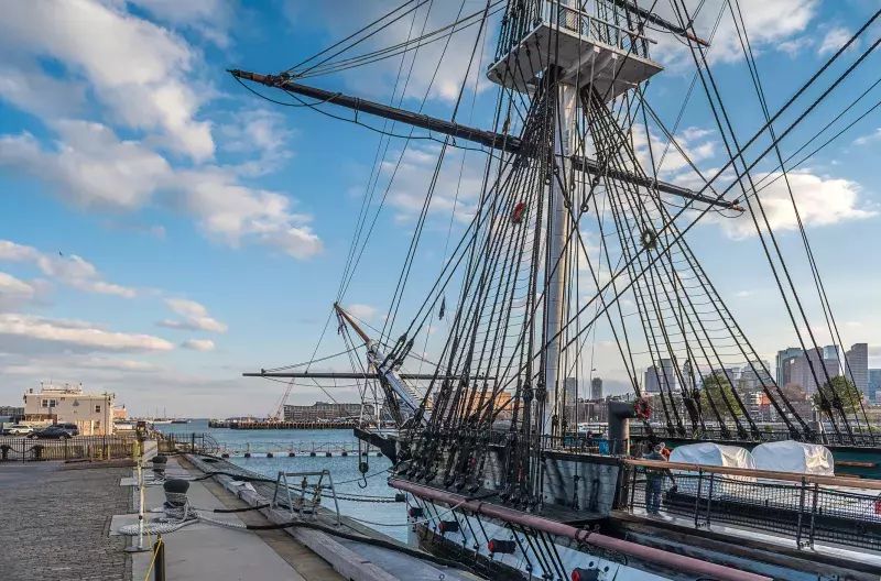 View of USS Constitution, a heavy frigate of the United States Navy moored close to The Freedom Trail in Boston