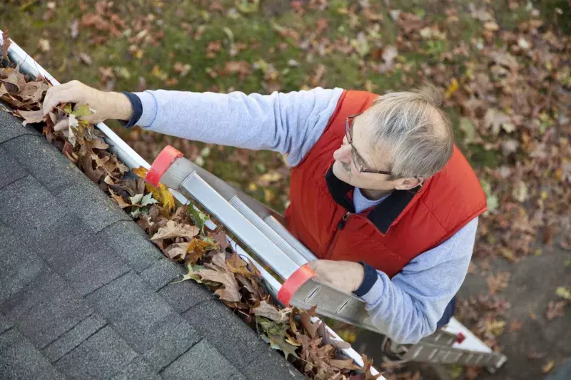 Man on ladder cleaning leaves out of gutter on house