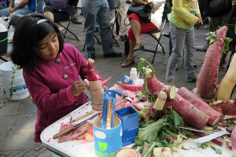 A young girl works on her entry in the annual Night of the Radishes (Noche de los Rabanos) contest