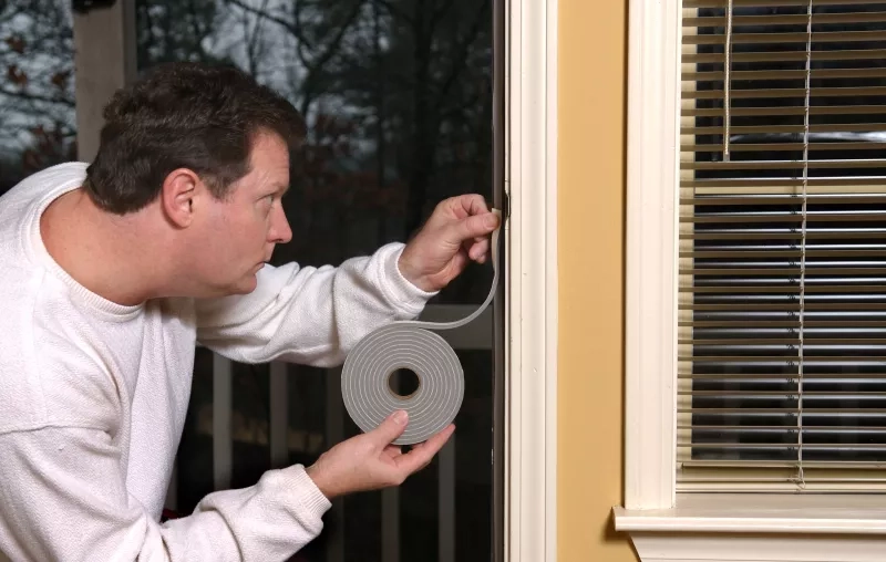 Homeowner applying weather stripping to stop air leaks around a doorway