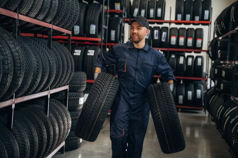 Man holding tires next to racks of tires for sale