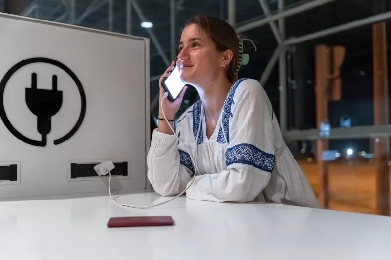 woman talking on the phone at the airport