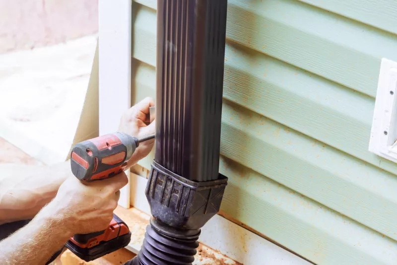 handyman is assembling a attaching gutter