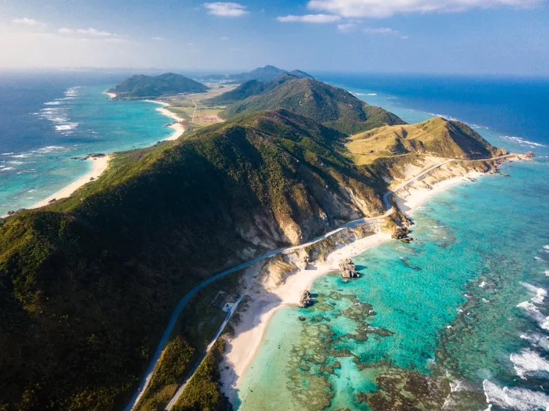 Aerial view over Iheya island paradise in Okinawa 