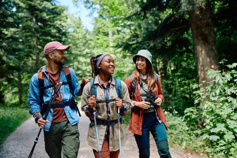 Three friends hiking