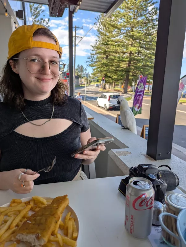 patio with fish and chips plate