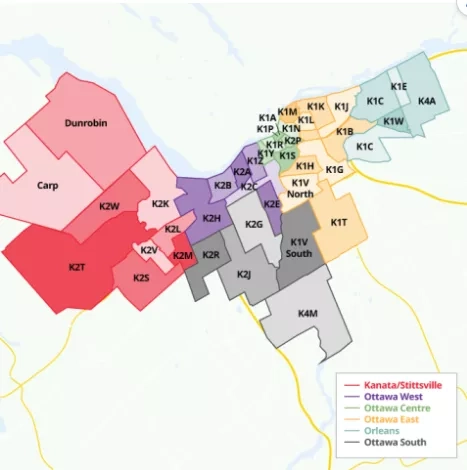 Kanata/Stittsville, Orleans, Ottawa South, West, East, Centre