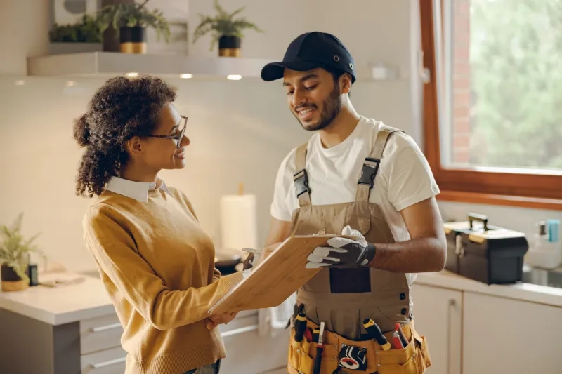 oung woman signing document while communicating with handyman 