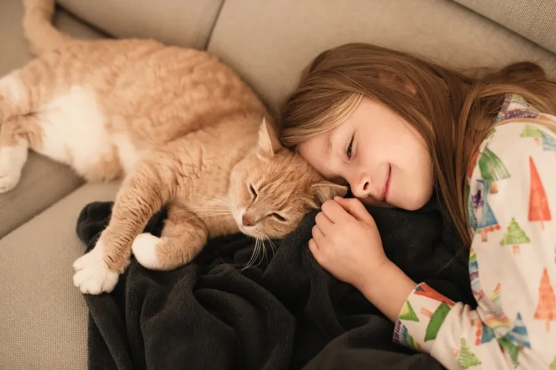 child resting next to a cat