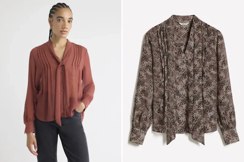 Long Sleeve V-Neck Blouse with Ribbon at Neckline