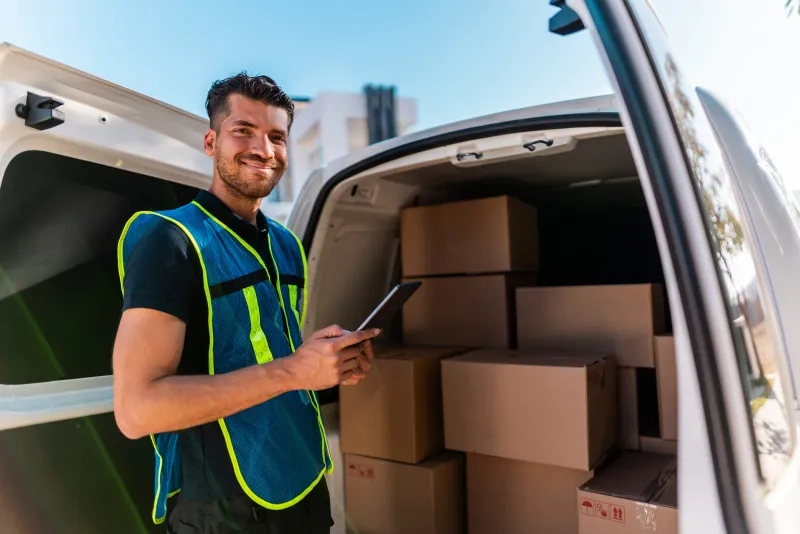 delivery man checking packages at van