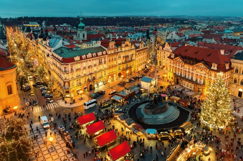Aerial view of the famous Christmas market on the Old Town Square in Prague