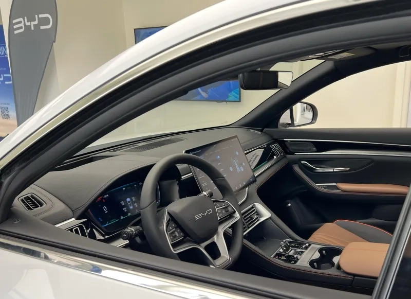 BYD Atto 3 electric vehicle's modern interior with dashboard and driver's seat