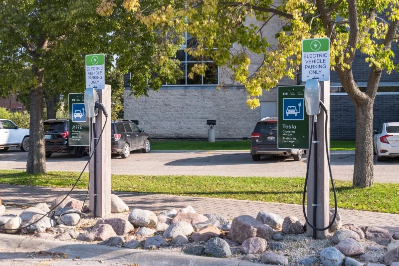 Car charging stations in a parking lot
