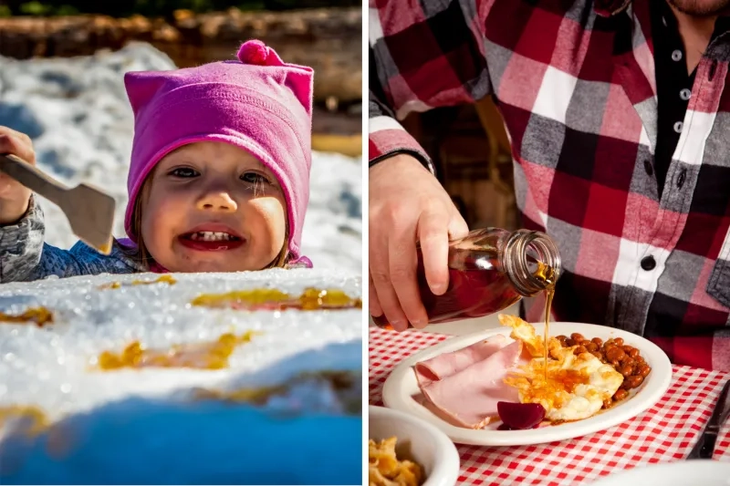 Little girl at a sugar shack, man pouring maple syrup