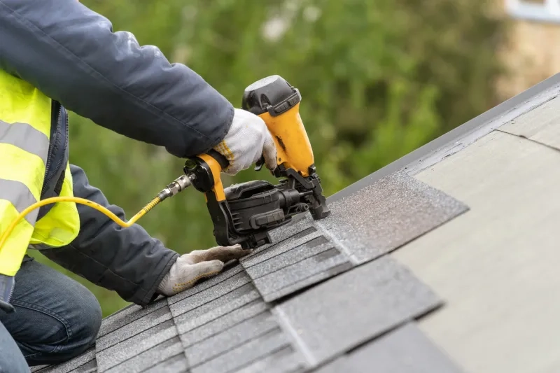 Workman using pneumatic nail gun install tile on roof 