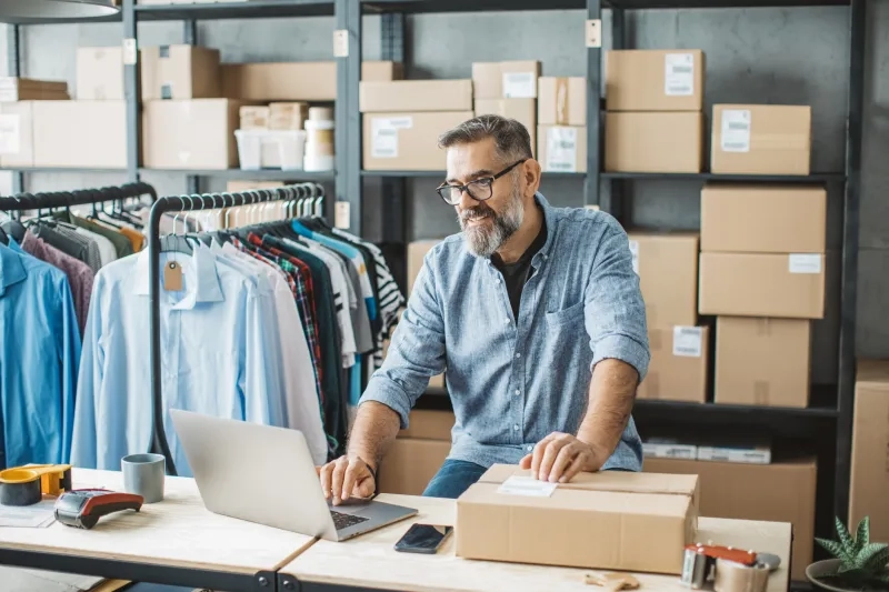 Owner of small online shop receiving orders and packing boxes for delivery.