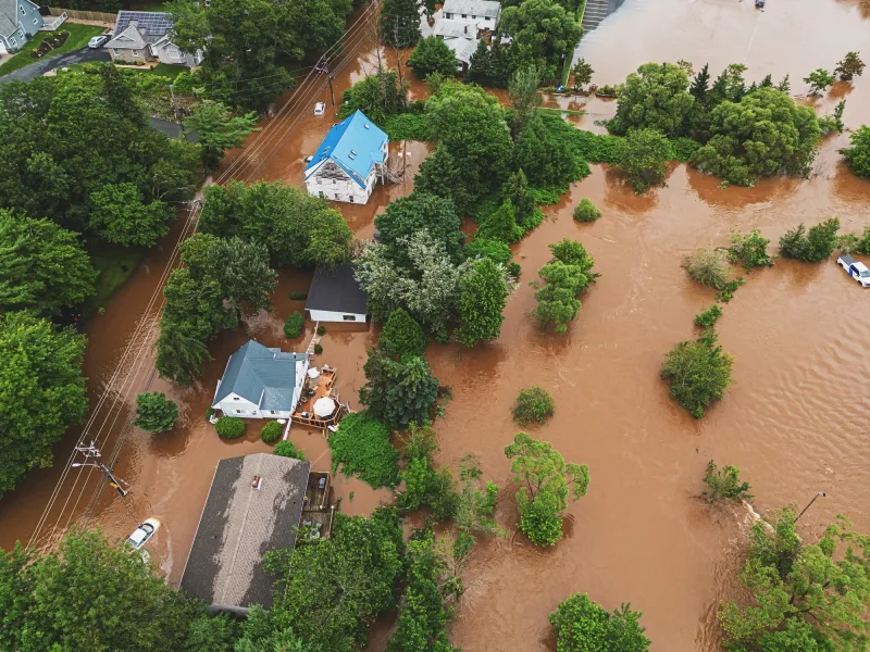Aerial view of flooded homes