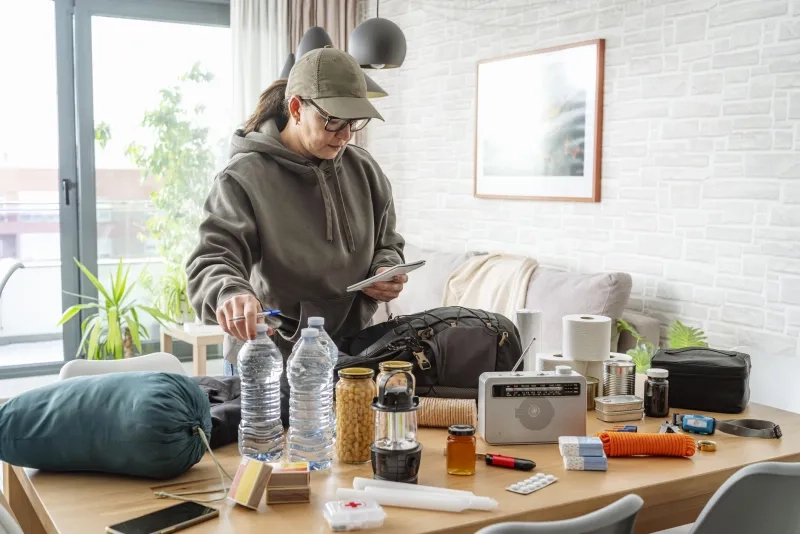 Woman checking the list of emergency kit