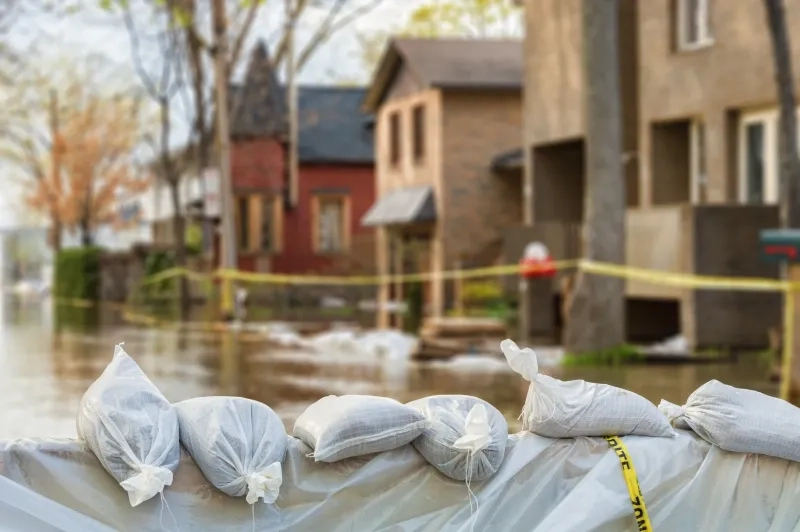 Street blocked with sandbags
